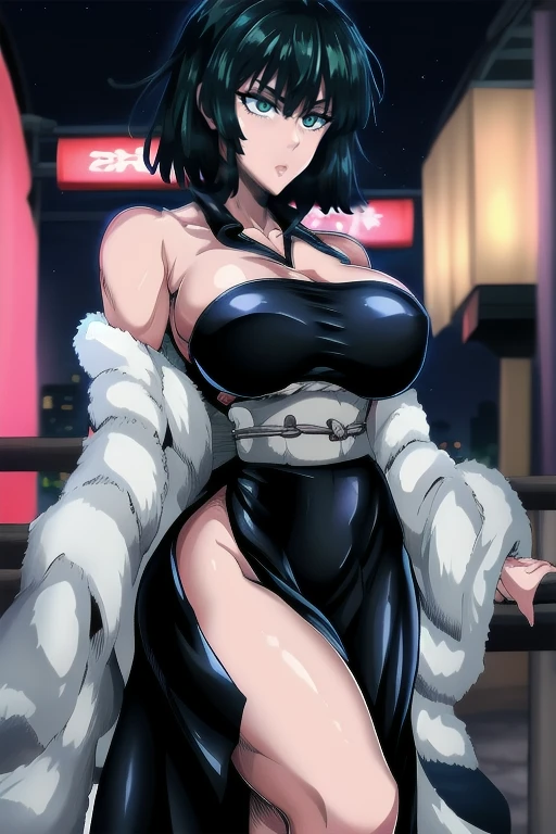 fubuki, fubuki, black hair, (green eyes:1.5), short hair, BREAK black dress, dress, fur coat, high collar, jewelry, necklace, off shoulder, taut clothes, taut dress, BREAK outdoors, BREAK looking at viewer, (cowboy shot:1.5), BREAK (masterpiece:1.2), best quality, high resolution, unity 8k wallpaper, (illustration:0.8), (beautiful detailed eyes:1.6), extremely detailed face, perfect lighting, extremely detailed CG, (perfect hands, perfect anatomy),