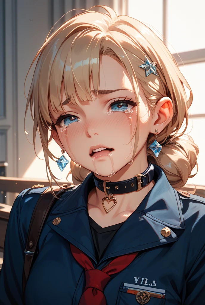detailed illustration, dynamic angle, ultra-detailed, illustration, 1girl, 18 year old, school girl, wavy blonde hair, short hair, bright green eyes, white shirt, red plaid skirt, red jacket, cleavage, tattoos, piercings, crying, mascara, sad, weeping, big eyes, sorrow, raining, night, looking up at you, huge cock, futa, bulge, ???? under skirt, ????? dick, ?????, futanari, no nuts