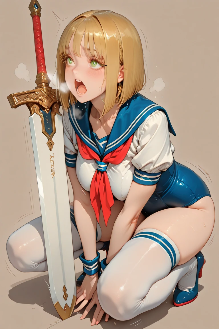 masutepiece, Best Quality, hight resolution, CC Saver, Blonde hair, Green eyes, Ahoge, (serafuku:1.3),  frown,, 1girl in, wooden horse, Crotch rubbing, Thought-provoking liquids, Shibari,, masutepiece, Best Quality, Highly detailed、(Hands behind your back:1.5)、nffsw, Large breasts,  female focus, Full body,  Juice, Sweat, (Straddling a wooden horse:1.3)、is crying、(a sailor suit:1.3)、window,  ,solo