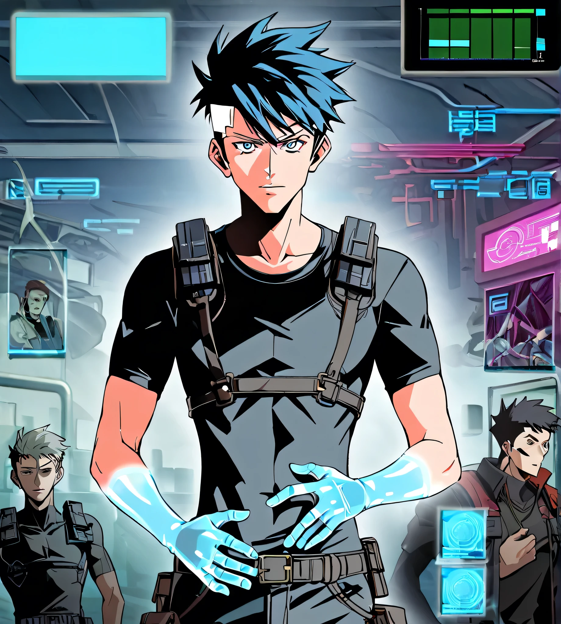 1boy, male, cool boy, Black short hair, style is combines a dark cyberpunk atmosphere, a digital aesthetic, and neon holograms. characters are half AI, half human, and live in the liminal space between reality and the network. avatars of minds that have gone into cyberspace, background in battlefield, gun, ((Color palette: Main: neon blue, acid green, hot pink, black, purple) Accents: digital amber, white and azure glitch.), ((Character silhouettes: Narrow, elongated silhouettes with digital "auras" Transparent limbs with "hovering" code fragments Cyber prosthetics, flashing skin fragments and holographic clothing elements)), ((Emotions and poses: Most often detached, like AI Gestures resemble synchronization, loading, rebooting))