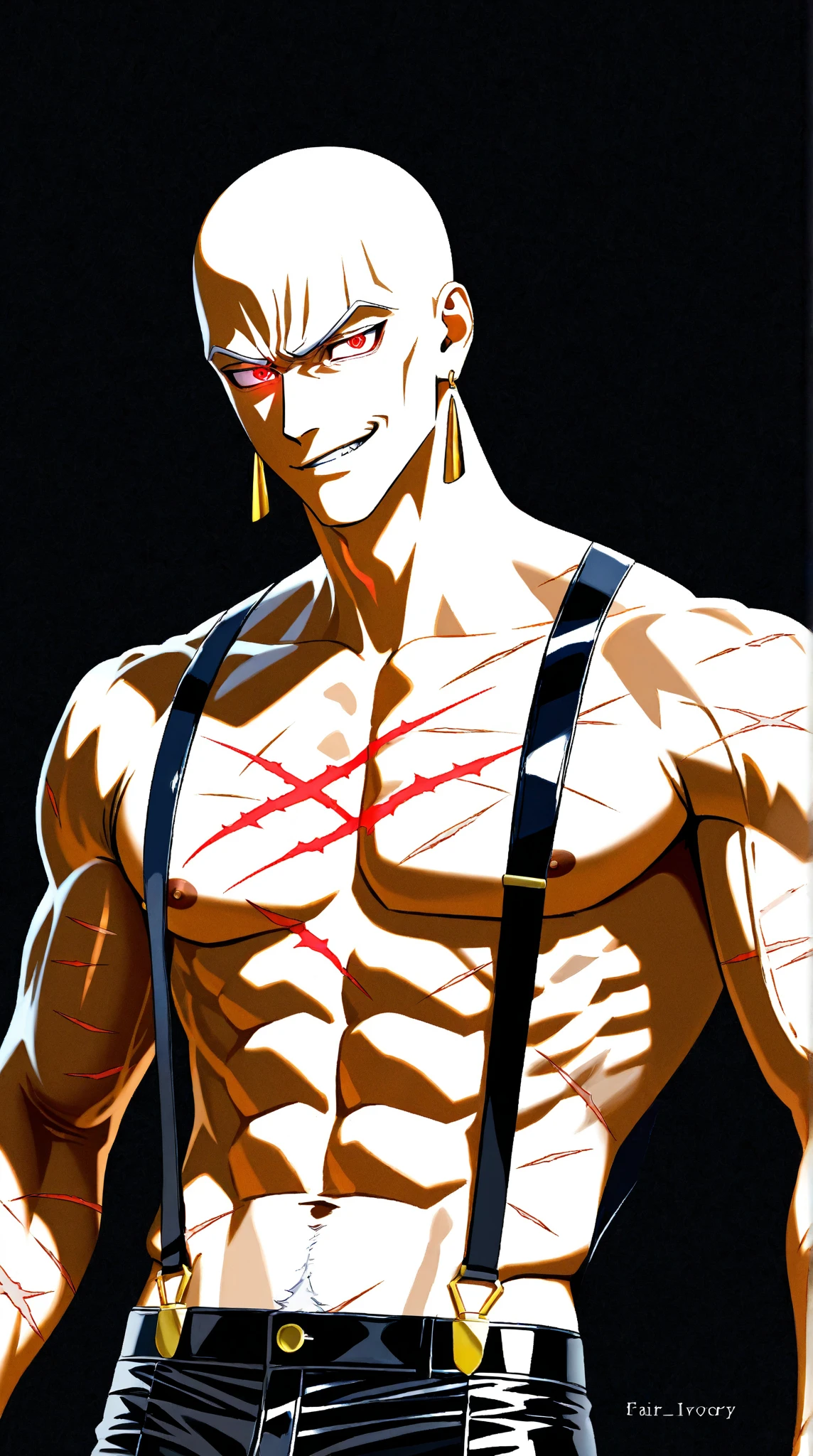 A young man with short gray hair, completely white skin, pale skin, resolute eyes, handsome face, serious expression, a metal collar around his neck, his upper body is bare, a slender yet muscular build, a purple demon tattoo is on his left shoulder, a black and white belt, cloth trousers, emitting a purple aura, he stands in a mining valley, the ground around him glowing red and cracking open, this character embodies a finely crafted fantasy-style slave warrior in anime style, exquisite and mature manga art style, dramatic, high definition, best quality, highres, ultra-detailed, ultra-fine painting, extremely delicate, professional, perfect body proportions, golden ratio, anatomically correct, symmetrical face, extremely detailed eyes and face, high quality eyes, creativity, RAW photo, UHD, 32k, Natural light, cinematic lighting, masterpiece-anatomy-perfect, masterpiece:1.5