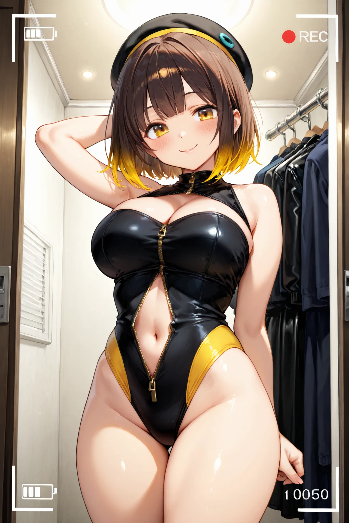 masterpiece, best quality, (kunikida hanamaru:0.999), (long hair:0.888), (breasts:0.878), (brown hair:0.875), (looking at viewer:0.699), (gigantic breasts:1.0),  Blush, Closed mouth, fishnet bodysuit, yellow tight leotard, gloves, thighs, sleeveless, embarrassed smile, standing,  cleavage cutout, covered erect nipples 