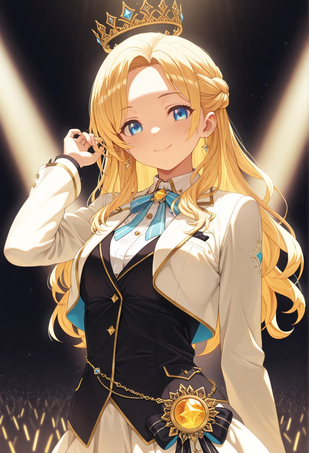One adult woman,Looking this way and smiling,Beauty,blush,Navy blue military uniform lolita,Long Skirt,straight,long,Blonde,Blue Eyes,Big earrings,I'm waving over here,Singing passionately,Sweat,Spotlight,Looking this way,front
