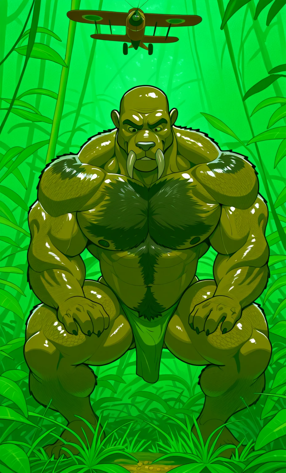 rillaboom, orange eyes, (pose:1.3), (posing:1.3), (soft shading), 4k, hi res, five fingers, detailed hands, ((detailed face, (detailed eyes:1.3), detailed)), (full body),(by takahirosi:1.5), solo, looking at viewer, 1boy, jungle, navel, standing, full body, male focus,((topless,bottomless)), abs, grass, biceps, flexing, smile, orange snout,