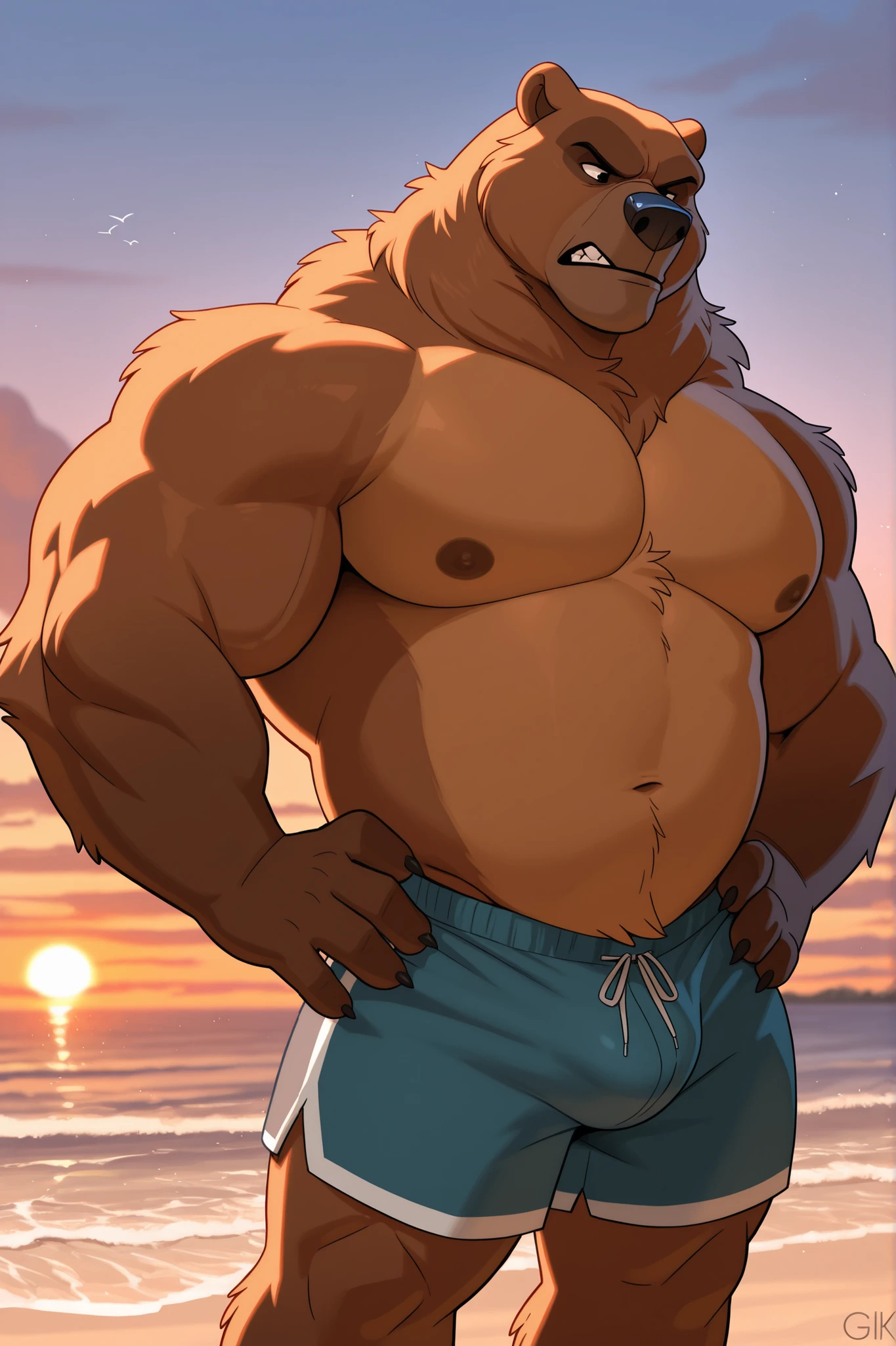Kurama. 4k, high resolution, best quality, posted on e621, solo, anthro body, male, adult, masculine, (very muscular, heavyweight, pectorals:1.2), correct anatomy, (beach background, sea background, sky background, night:1.0), (blurry background, out-of-focus background:1.3), (by wfa:1.1), (by negger:0.8), (cel shaded, cartoony shading, strong shadows, dark shadows, backlight:1.2), black lineart, black outline, (red speedos:1.4), confident, proud, (detailed eyes:1.2), looking at viewer, (tail, large tail:1.2), sexy pose