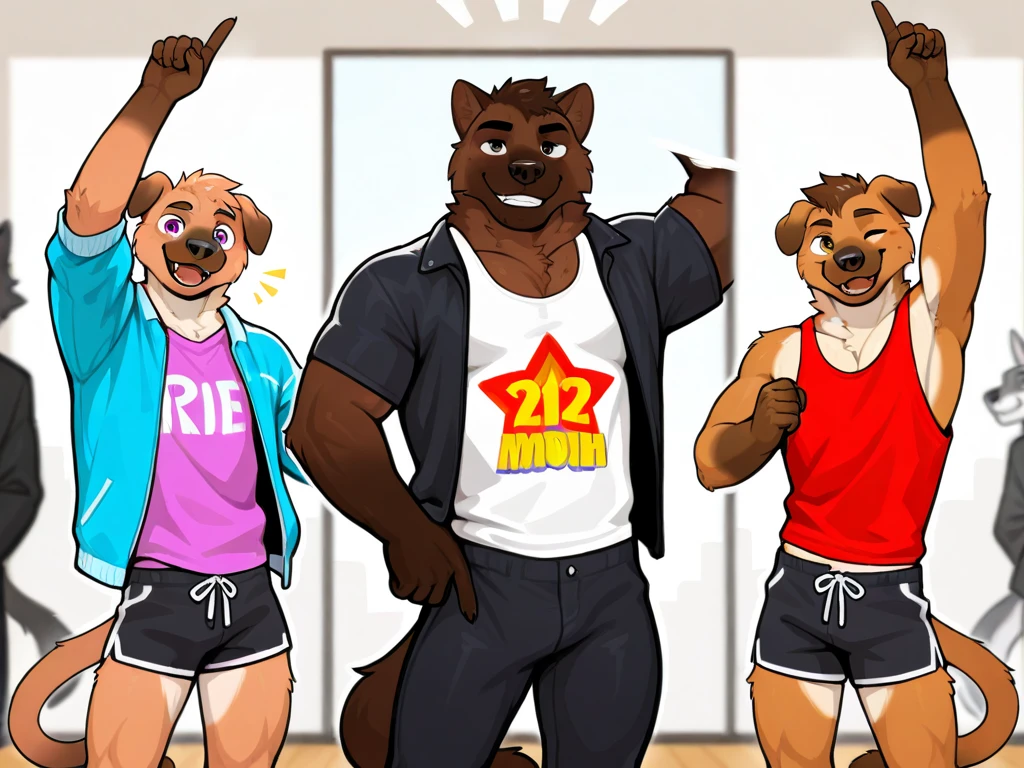 Group shot、(((Male golden retriever wearing a dirty baby diaper)))、(middle aged)、Stubble、Furry、masterpiece、Highest quality、Sucking on a pacifier、Idol Dress、Scars all over the body、bib、Spotlight、Watery eye、blush、steam、There's a bad smell、Yellow water dripping down my legs、soldier