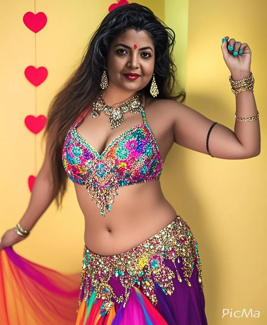 Beautiful indian woman, curvy, hijab, colorful bikini, smiling
