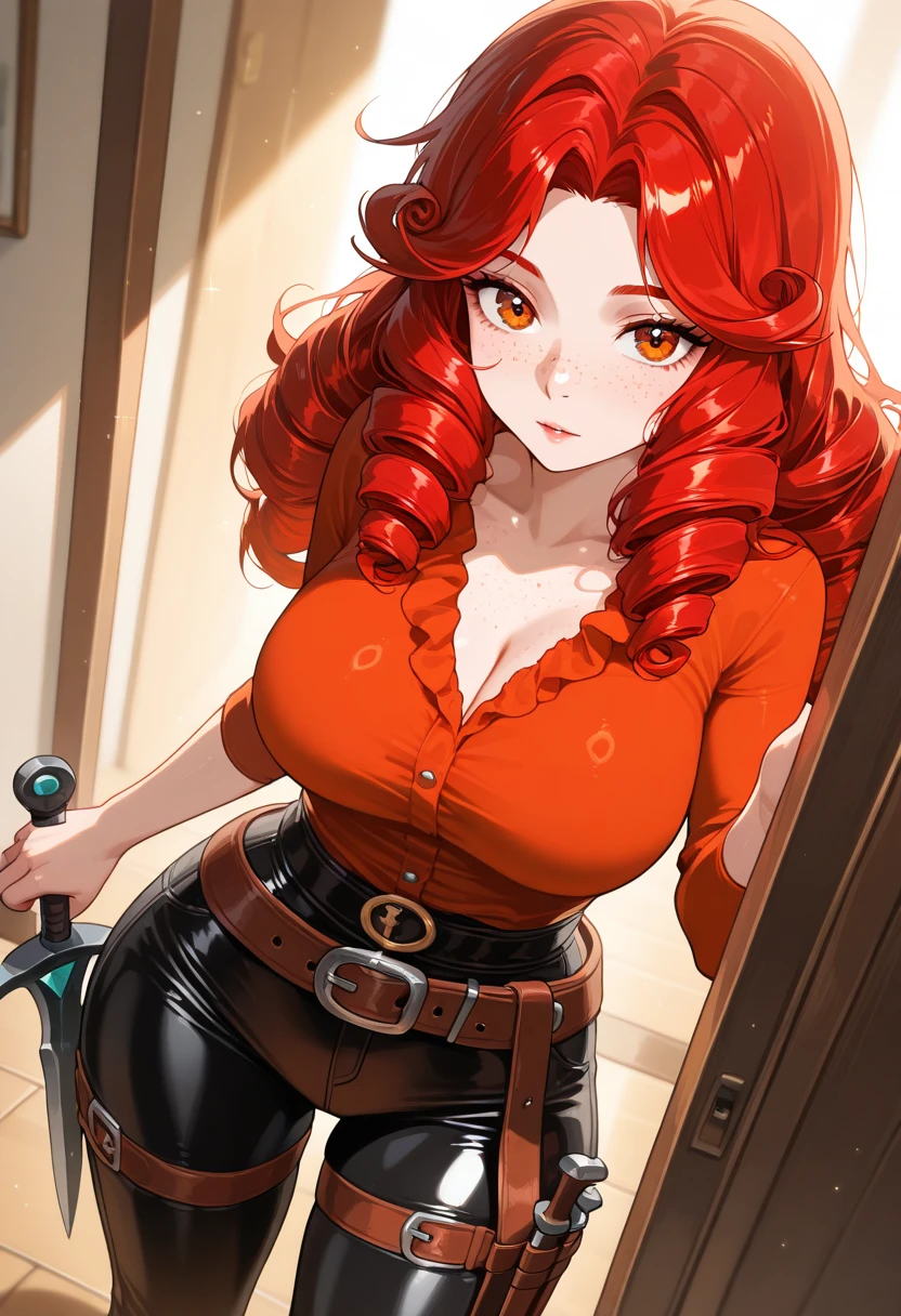 (masterpiece, best quality:1.2), 1girl, solo, denim shorts, boots, midriff, cleavage, front-tie top, tied shirt, belt, underwear showing , orange hair, long hair, navel, ahoge, traditional media, shorts, beautiful long legs, tied to a chair with rope, mouth gagged