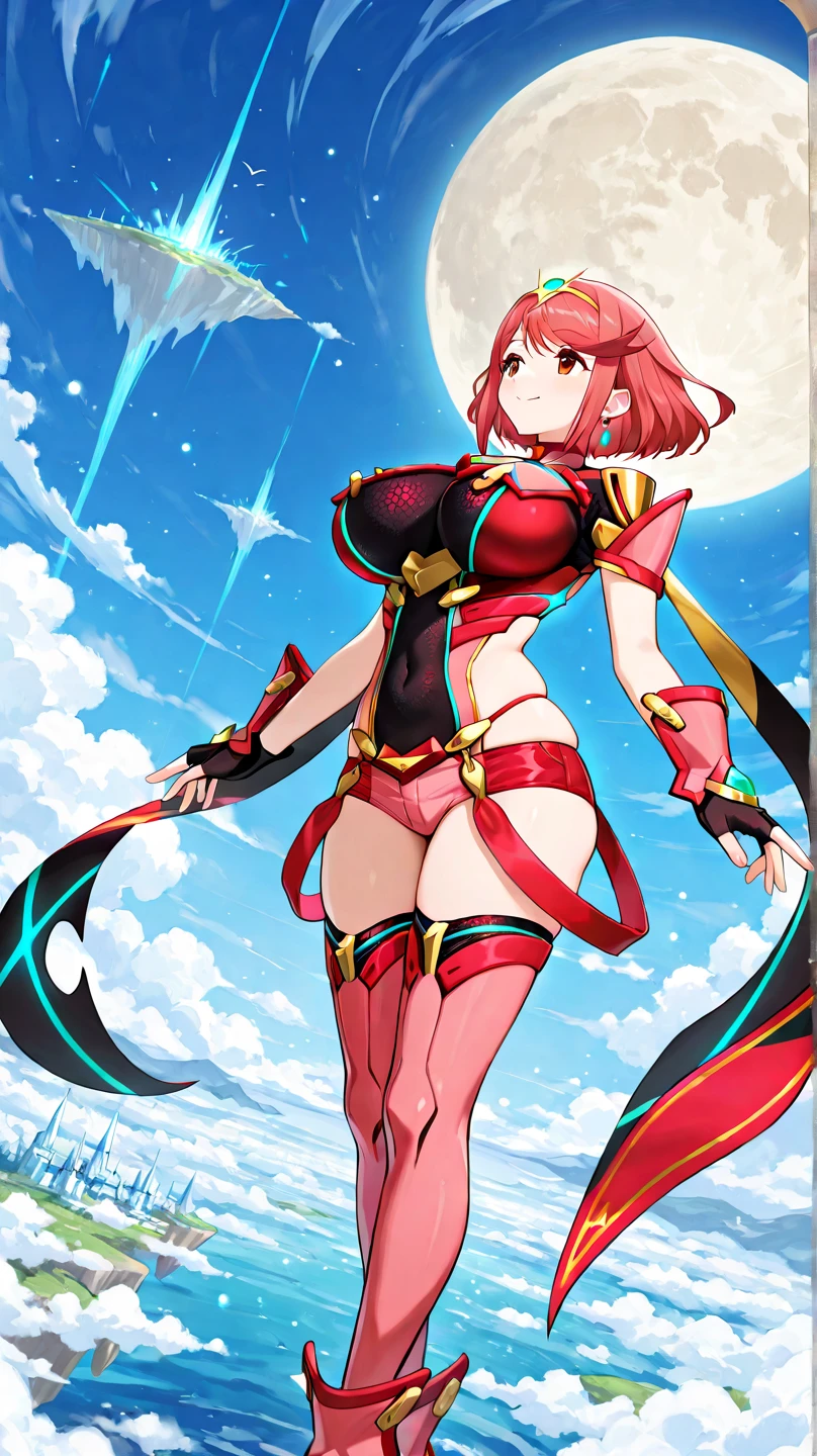 pyra \(xenoblade\), _1girl, lolings, black gloves, breasts, red eyes, shout, earrings, eyelashes, fingerless gloves, floating hair, , gem, gloves, hair ornament, headpiece, jewelry, gigantic_breasts, leaning back, swimsuit, neon trim, official art, pose, red hair, saitou masatsugu, short hair, sidelocks, skin tight, solo, swept bangs, thighhighs, tiara, fantasy_town_background, underbust, xenoblade chronicles \(series\), (xenoblade chronicles 2), (spread_legs:1.1), fire_effect,dynamic_pose,fighting,light_smile, (plump:1.1), big_ass,huge_sword, hold_large_sword_hilt, covered_nipples, covered_pussy, fists,ponytail,beautiful_fingers,(solo:1.1), bare_shoulder,(shoulder_naked:1.2), nipple_jewel,back, back_view, focus_ass,ass, very_short_shorts