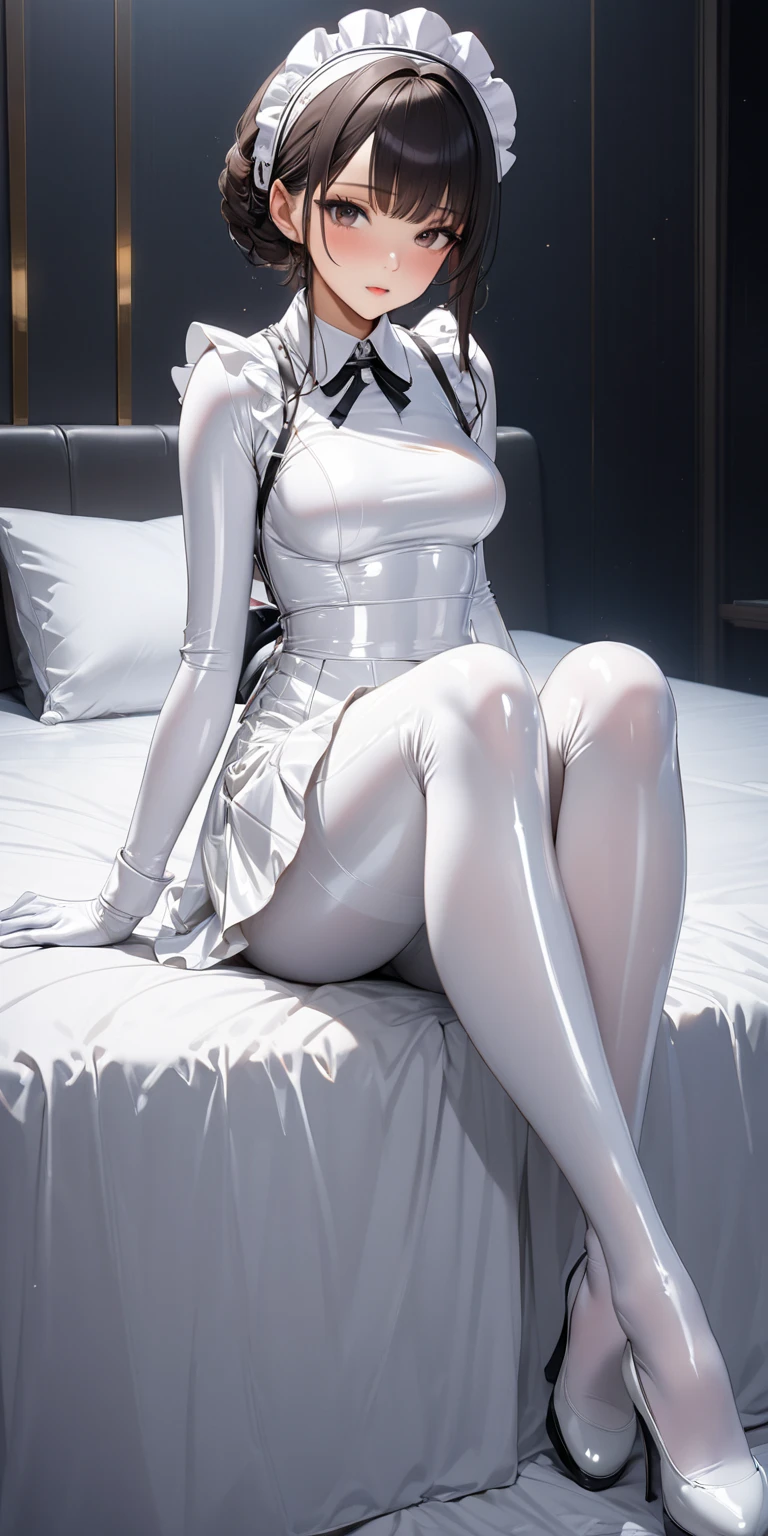 masterpiece, high quality, high detail, 4k, rtx, high resolution,1girl, blue_streaked_hair,hair_over_one_eye, blue_eyes,very long hair,braid,white hair_ornament,white skin,black nail_polish, solo,long sleeves,((black bandeau:1.3)), strapless, microskirt,thighhighs,thighs,: o,cute face,(Well-shaped and firm huge breasts, developed huge breasts:1.3),(underboob:1.2),bursting breasts,happy,stomach, navel,aged_down,(on side:1.2),sitting,arm support, yokozuwari,on bed