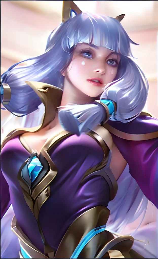 (female:1.2), 8k, ultra hd, ultra detailed texture, hyper realistic, masterpiece, detailed texture, detailed face, detailed skin, detailed lighting, (photorealistic:1.5), best quality, beautiful lighting, cinematic lighting, professional lighting, ultra highres, realistic, detailed hair, real hair, high quality, (realskin:1.5), extremely detailed, finely detail, ultra-detailed, 1girl, solo, elf, pointy ears, standing, demon horns, forehead protector, (blue eyes:1.5), v-shapped eyebrow, lips, red lips, evil smile, nose, make up, pretty, beautiful, long hair, white hair, high ponytail, large breasts, cleavage, armpit, navel, stomach, black armor, pauldrons, bare shoulders, shoulder armor, thigh high, sleevless, detached sleeves, breastplate, gauntlets, karina \(mobile legends\), depth of field, looking aways, white skin, skin tight, amazing pose, outdoors, glowing, dark view