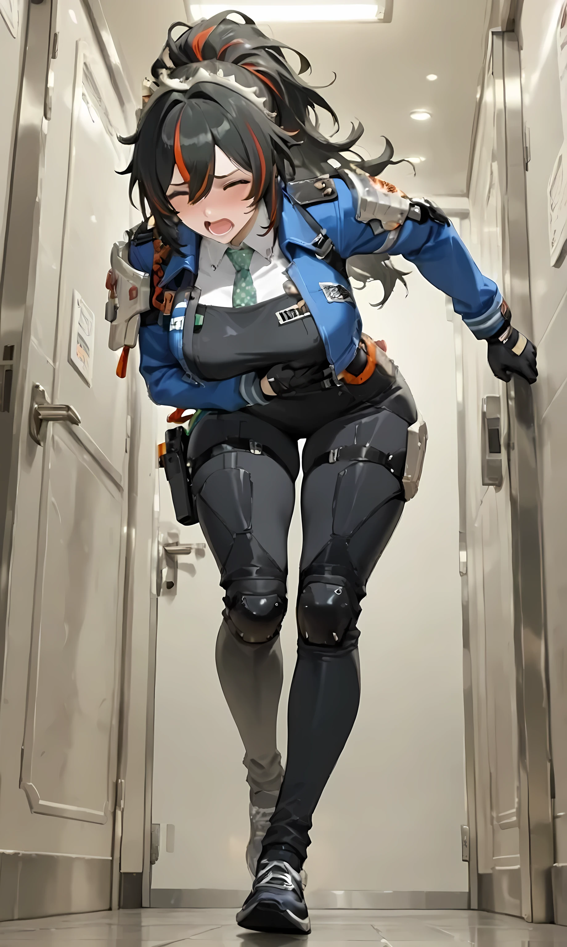 1woman, a female in a navy pants and blue coat approaching a white bahtroom stall door with one hand out, one hand on the ass, 1girl, ass, streaked hair, black hair, breasts, multicolored hair, open mouth, gloves, pants, solo, closed eyes, red hair, holster, jacket, necktie, blush, weapon, ponytail, bangs, hunched, half bending forward body, view from bottom, from below, fart gas, fart gas from the ass, brown colored gas