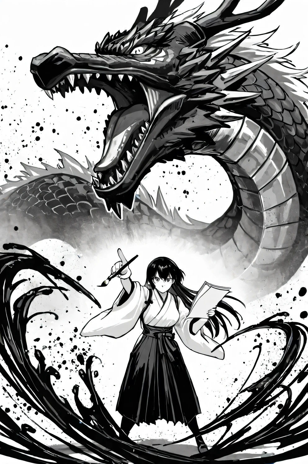 a strong-willed high school girl with anime style wearing a hakama, holding a brush and paper, pointing the brush toward the viewer,  detailed face, 

a large dragon behind her in traditional Japanese sumi-e ink painting style with  black and white, smoky and blurred edges, dynamic brush strokes, ink splashes,  fierce and attacking posture,  

dramatic composition, sharp contrast between colorful anime character and monochrome sumi-e dragon, cinematic lighting, white background