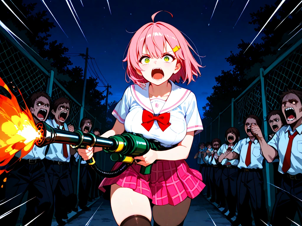 masterpiece, Improvement of quality, high quality, Excellent anatomy, Healthy Body, Refers to the whole, Normal numbers, 4K quality, girl, beautiful girl, Perfect body, whole body, 完璧なgirl, blue eyes, Hollow Eyes, Fedora hat, Black Shirt, heavy rain, Thunder Strike, Long black suit, mini black skirt, Black tie, She has a submachine gun, Human corpse, Bloodbath, Blood splatter, Behind him was a man wearing the same clothes.、He had a submachine gun。, In the back alleys of the city.Pink Hair