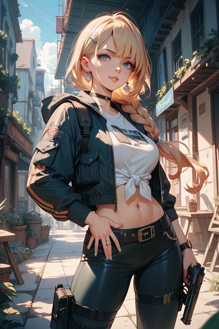 (cowboy shot: 1.2), (ANDROID_18, Y18\(dragon ball Z\), (beautiful finely detailed eyes and detailed face), (face through thigh: 1.4), (knee shot: 1.2), by rubio, Alone, Agitate, (beautiful background), :), dynamic angle, blue eyes, clear face, sunlight, (bright face: 1.2), big breasts,narrow waist,very wide hips, very thick thighs, (full body shot), Alone, by rubio, blue eyes, short hair,shows skin on waist and belly, earrings, jewelry, (with a beautiful tight denim minidress in the style of Mary Quant.)), Boots,great smile showing white teeth,