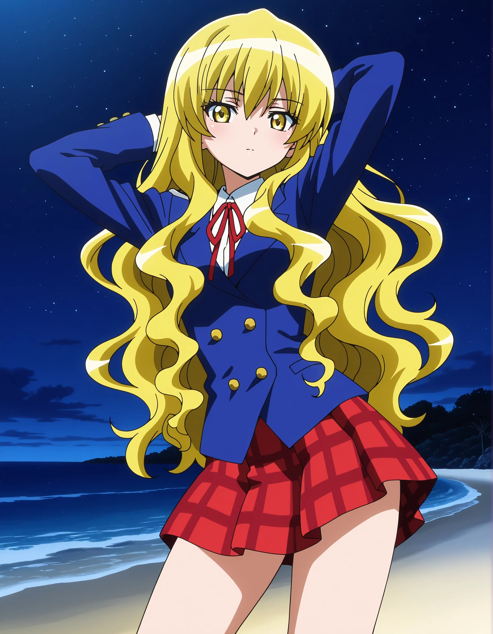 ARCkuchinashi, blonde hair, long hair, wavy hair, hair over breasts, yellow eyes, red neck ribbon, school uniform, blue jacket, white collared shirt, red plaid skirt, anime screencap, high quality, closed mouth, solo, cowboy shot, night sky, beach, hands behind head, ((contrapposto)), looking at viewer, expressionless, best quality