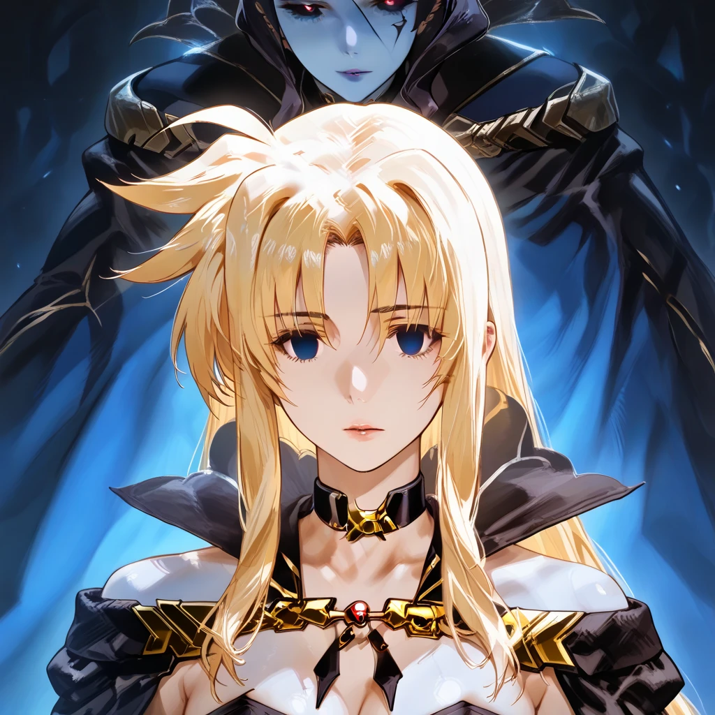 Thank you for the information. In that case, the Lord of Nightmare is in the anime bleach and have bright blue eyes that glow an intense red and have blond long hair . She would wear dark, flowing robes that have intricate designs and patterns that reflect her mastery of dark magic. The robes could be adorned with skulls, dark symbols, and other sinister motifs. She could also have a tattoo or scar on her shoulder or body that represents her connection to the dark arts. The Lord of Nightmare would be a formidable and intimidating opponent, with her powers of darkness and her connection to the multiverse.