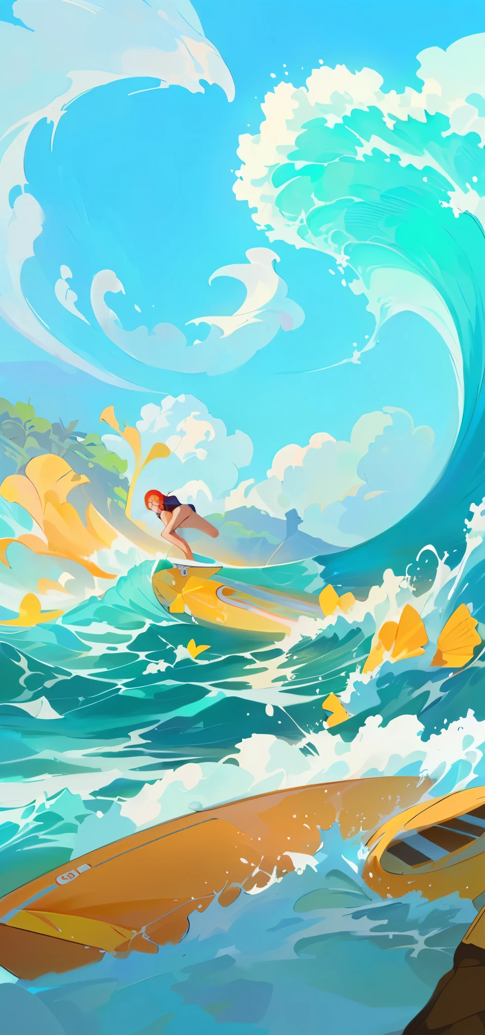 cartoon illustration of a surfer riding a wave on a surfboard, background art, background artwork, inspired by Cyril Rolando, dream wave aesthetic, in style of cyril rolando, a beautiful artwork illustration, cyril rolando and goro fujita, summer swimming , splash art, breezy background, jen bartel, by Cyril Rolando, in the ocean