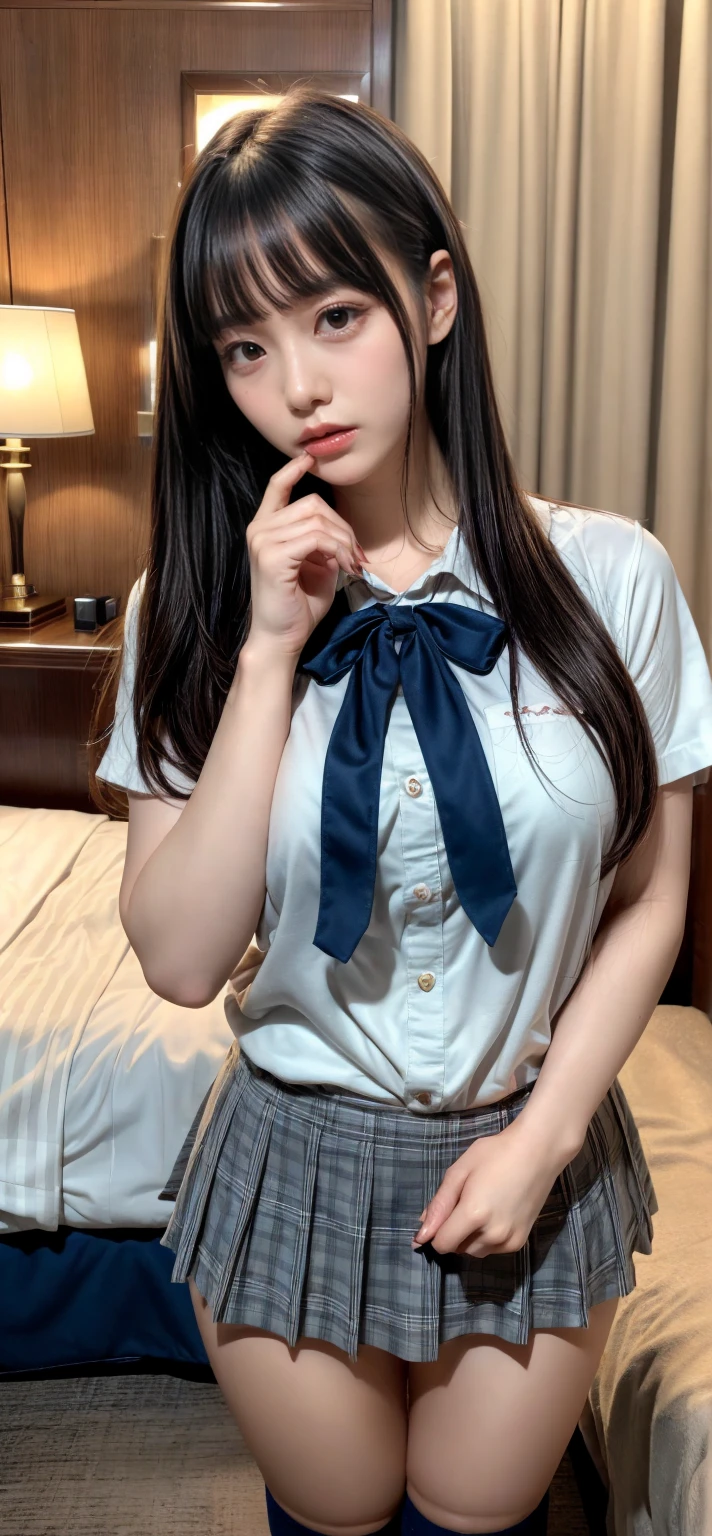 masterpiece, Best Quality, 8K, 20 yo, huge breasts, cuddly, Solo, sad, Cute, Girly, Delicate girl, Neat and clean beauty, Raw photo, Professional Photography, Portrait, Soft light, Professional Lighting, Back lighting, Upper body, front view, (on all fours, hotel room), Sophisticated, Film grain, (Eyes and faces with detailed:1.0), short length floating hair, beautiful flowing hair, bangs, High school girl uniform、Super Short Check Uniform Skirt、Navy blue high socks, Colossal tits、Don't expose it, expresses the roundness and softness of your chest., Protruding big, Erotic shorts, Standing Elegantly、Voluptuous thighs