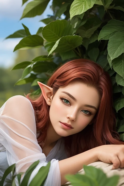(masterpiece, high quality, best quality:1.1),
25 year old young, elf, (pointy ears:1.1), (reddish hair:1.2), almond eyes, (green eyes), [long hair], [wavy hair], (eyeshadow:1.1), 162cm tall, oval face, snub nose, heart-shaped lips, (arched eyebrows), dress,
lyingpose, lying, feet, soles,
extremely detailed, extremely intricate, fine texture, Extremely high-resolution details, detailed hair, sharp focus, <lora:Zerk_Lying_Pose:0.4>,