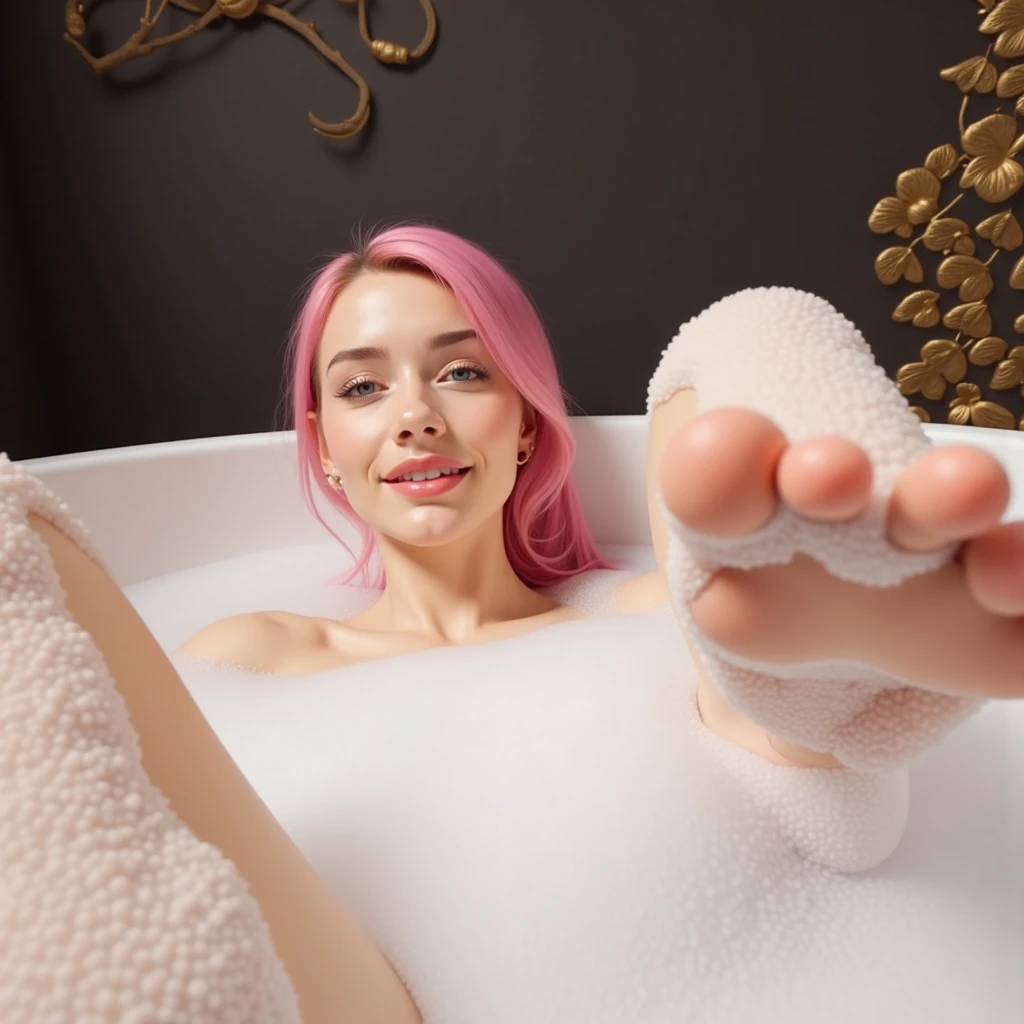 score_9_up, score_8_up, score_7_up, 1girl, solo, mature female, ((Ciri)), white tied hair, green eyes, pink lips, parted lips, fit slim body, ((perfect medium erected breast)),(((highly detailed eyes))) (((nude body, unshaven hairy pussy))), (((dark bathroom, candles on walls,))), perfect model body, seductive look, naughty smile, sitting on the toilet and doing foot job to the penis, her foots touching the penis, pov