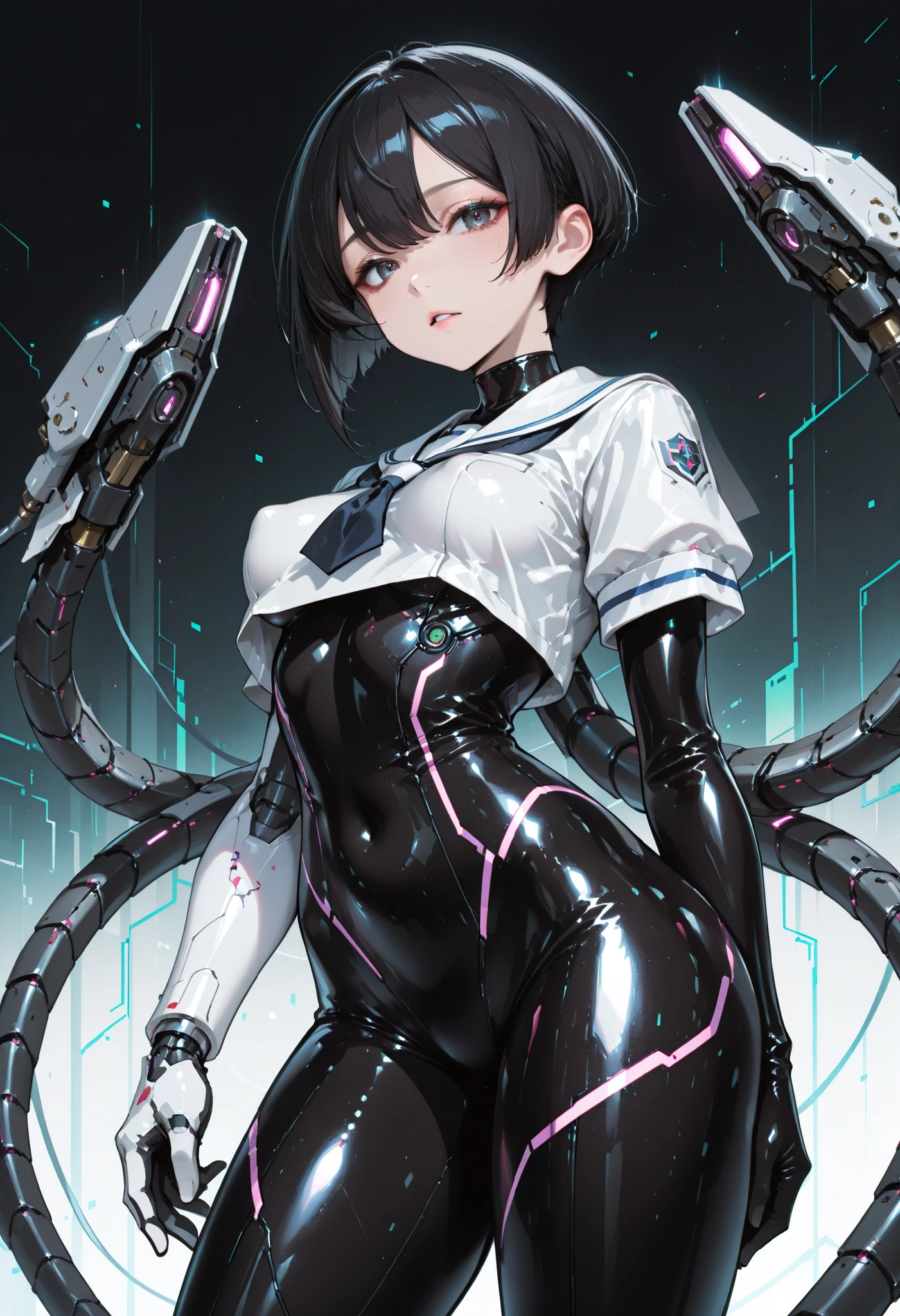 Armed girl. Black hair. Short hair. Intercom. Japanese school uniform top. White uniform. Glossy. Black bodysuit. Latex bodysuit. Perky breasts. Slender waist. Thighs. Electronic circuit pattern costume. With mechanical monster. Turret. Mechanical tentacle arm.