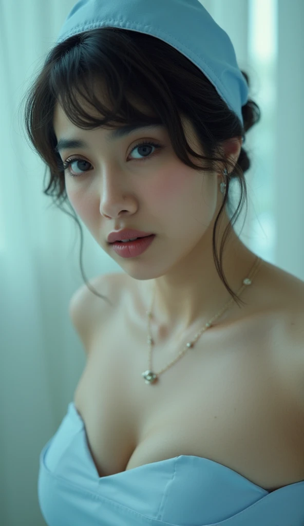 height: 170cm, 30 years old、Pale face and eyes:1.3、Very narrow face and eyes:1.3, (Swollen eyes:1.5)、{Highest quality}, {{masterpiece}}, {Very delicate and beautiful}, Excellent light and shadow, Highly detailed wallpaper, clear 、1 girl, , blush, Short Bob Hair, (Linen blend sleeveless turtleneck, High waist Tencel lyocell midi skirt with side slits、Supermodel Legs、High heels), Delicate hair, (Realistic skin texture:1.3), Saggy breasts, Cleavage、or noticeable wrinkles on the skin., B cup, Broad shoulders, ((Dynamic model posing)), necklace、ring、earrings、smile、(Front Focus), (In the Dark:1.6), Surrealist female portraits by David Hockney and Alphonse Mucha, Fantasy art, Photorealistic, Dynamic Lighting, Art Station, Poster, Volumetric Lighting, Highly detailed face, 4K, Awards, 1 girl, In the Dark, Deep Shadow, Inconspicuous key, color々angle, color々Performance
