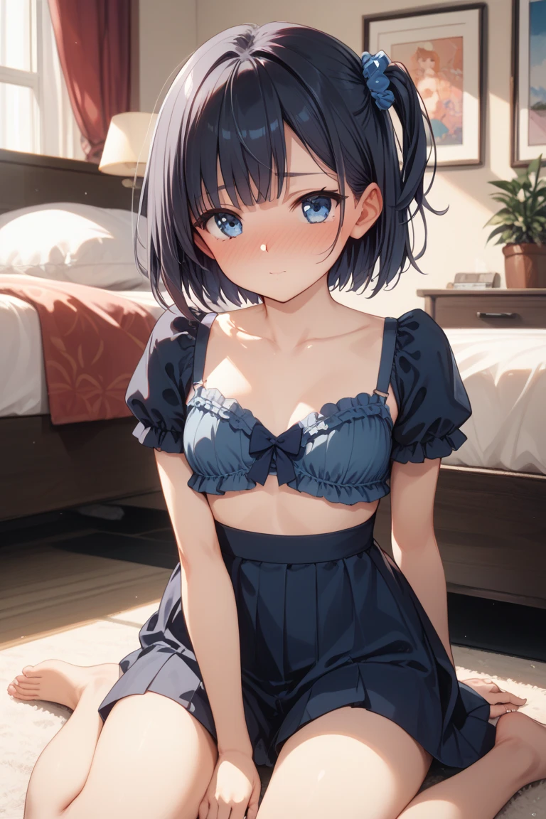 8k HD resolution, (masterpiece), best quality, expressive eyes, perfect face, Higly detailed, Professional art, vivid colours, 135 lens, natural lighting, ((bokeh)), (depth of field), Concept: Anime waifu whose eyes are particularly striking and captivating, wearing (daringly cleavage flower pattern+modern European artistic style colourful insanely short glittery strapless dress mde bye origami flowers), masterpiece luminescent anime style drawing, intricate details, [Composition: a striking eyed straight cut short bangs (two) japanese modern style strict tight back head bun and straight glistening ultra short black haired, hyper-fair skin, hyper-detailed eyes anime character standing and looking happyly but shy in the middle of the room, sunset lighs coming through one particular window] full body art, sensual anime woman, anime illustration, beautiful anime artwork, anime artwork, sharp, high quality fabric, [Mai yoneyama artistic style hyper-detailed background], higly detailed painting of a anime waifu by award winning artist painting