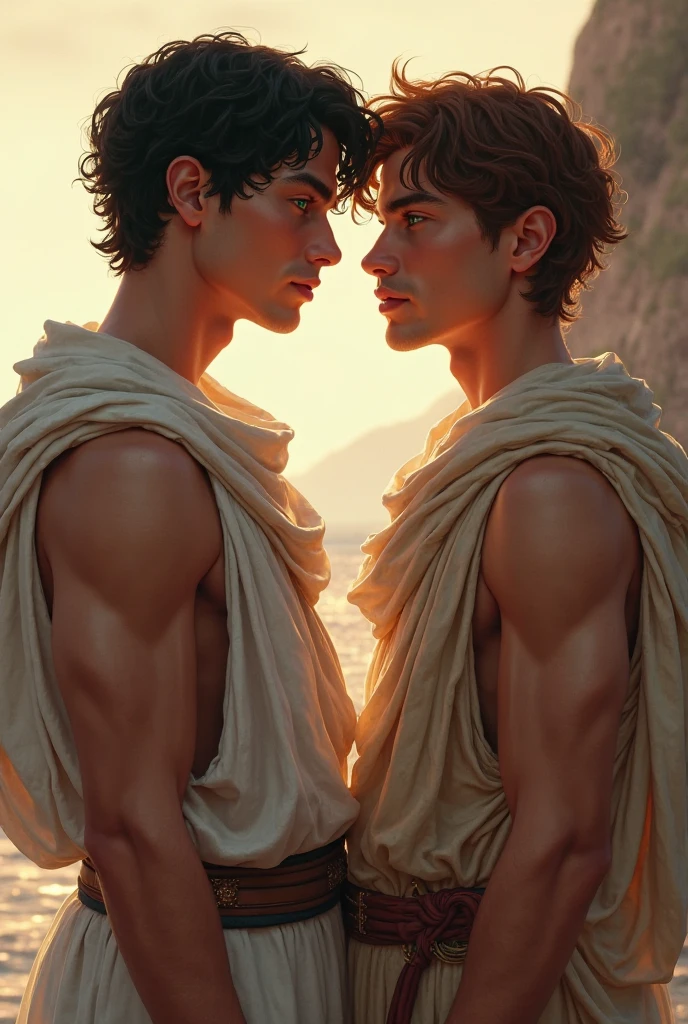 full body, Oil painting Renaissance style, ((two attractive youthful Italian men kissing)), men, mythology, perfect composition, golden ratio, abs, chest, centered, full body, centered, perfect composition, golden ratio, by William Adolph Bouguereau