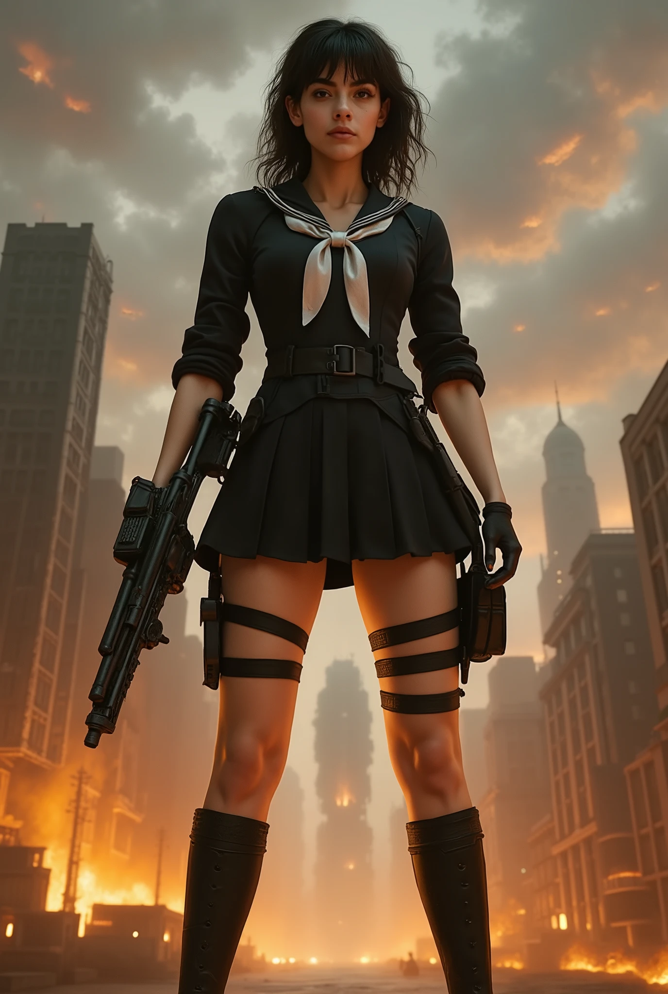 M@l1n@@tul, Ch@tGPT40, wearing school sailor uniform, holding a machine gun. Is standing in an alien street. Her detailed facial features, toned, milky thighs are visible. She stands with her feet apart in a ready pose, with a serious expression. Pistols are strapped to her thighs, she is carrying an ammo belt, there are knifes holstered on her waist. On her back is a katana. She is armed heavily! school bag, sailor uniform, pleated skirt, In the background is a burning alien city. Alien ships are hovering in air. The air is filled with smoke. cinematic lighting, dramatic angles, hyper-realistic, 8K, photorealistic, volumetric lighting, dramatic shadows, depth of field, highly detailed environment, realistic textures, elaborate background, vivid colors, fantasy style