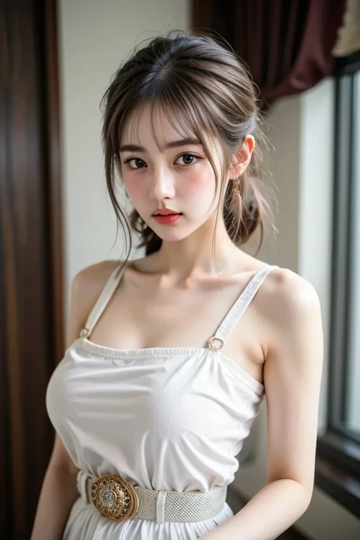 red dress,sleeveless,japanese clothes,bare shoulders, brown hair,brown eyes,Long high ponytail, hair tie, makeup, 1 girl, Manga,25yo,mature female,Beautiful Finger,Beautiful long legs,Beautiful body,Beautiful Nose,Beautiful character design, perfect eyes, perfect face, jewelry,  hands on chest,see-through, looking at viewer,  hair ornament, choker, shy,
(masterpiece, top quality, best quality, official art, beautiful and aesthetic:1.2), (1 girl), extreme detailed,  colorful, highest detailed,
(huge breasts:1.2,) upper body, from below,  cameltoe, white panties,  floating  skirt,
city,street,  sun, cloud, wall, leaning,
