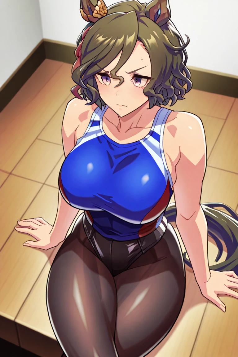 dog girl, buffed, strong, in a gym, massive breasts, thick thigs, lifting weight, detailed cute face