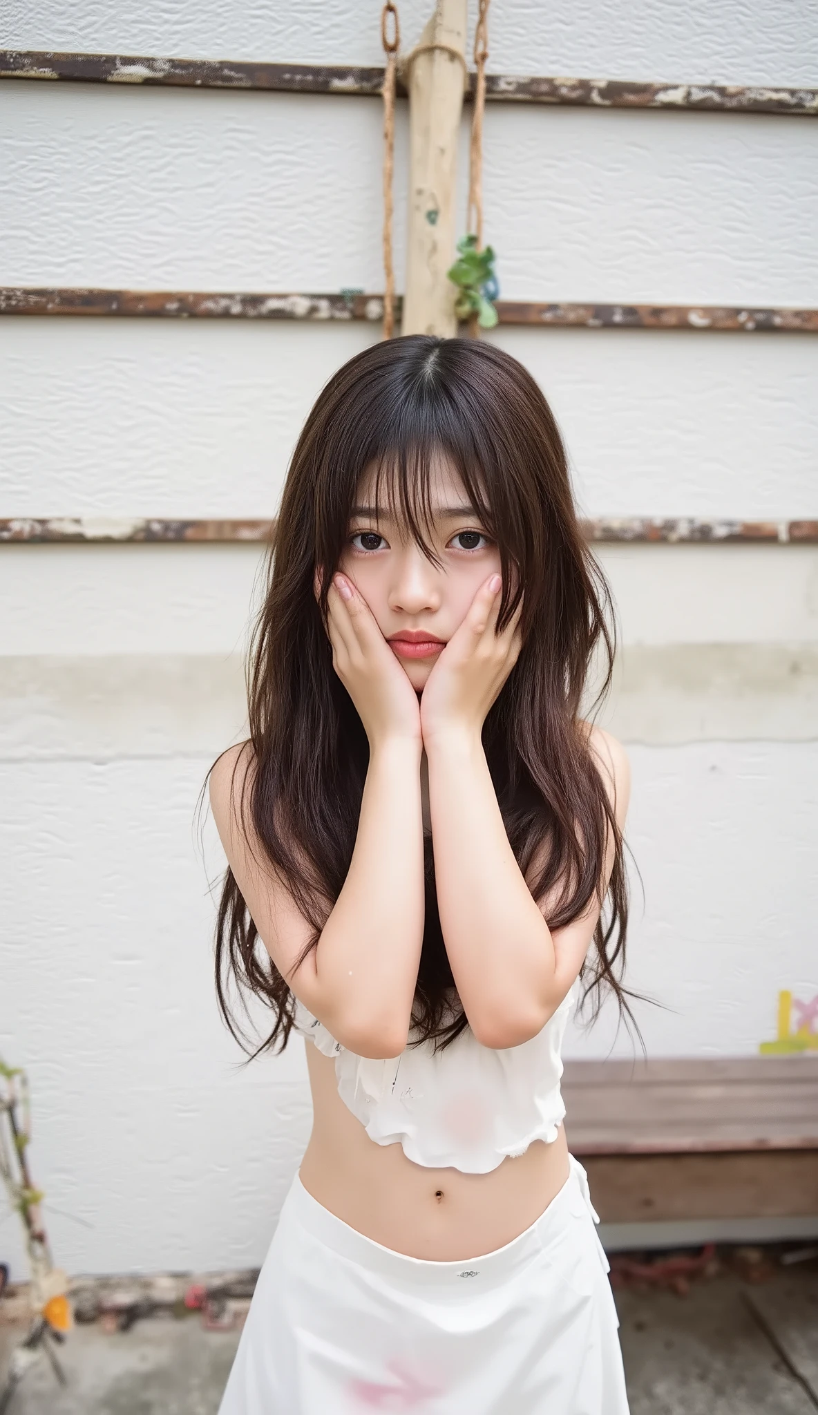 , (realistic, Biologically correct images:2, innocence:6, neat and clean, Highest resolution, masterpiece), (amazing beautiful thin skinny tween girl:11), (babyface:10, skinny small face:8, delicate:9, very skinny:9, thin:7, little:6, twiggy:9, underweight:8, petite, skinny anorexic tween body:9, cute, Lanky:8, young:4, short height as 135cm:5, mesugaki:5), 

(no bra:7, no underwear:8, no panties:8), 
slipping young nipples out from very thin loose camisole dress:13, 
(flat chest as tween little skinny girl:10, young cute puffy nipples as young little tween japanese girl:7, flat abs:8, delicate and narrow shoulders:9, Delicate clavicle:8, thin tights:7, tight waist:6, small ass:8, thin legs:5), 

(keep spreading legs wide:4), 
(choker:9, knee-high socks:9, cuteloli:4), 
(keep staring straight into the camera:9),