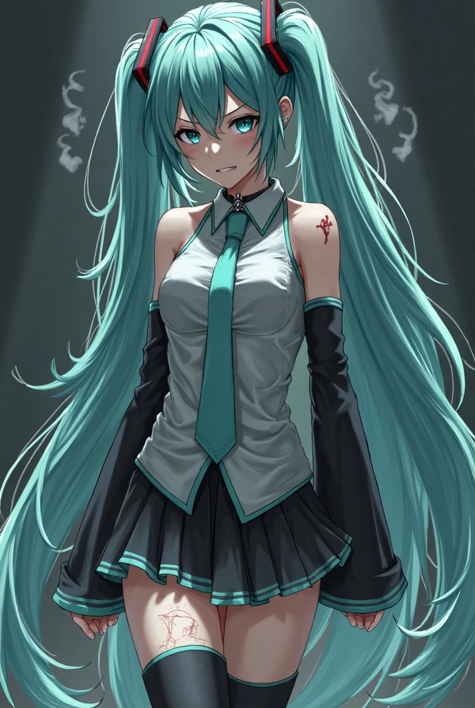 best quality, masterpiece, highres, solo, 1girl, solo, Hatsune Miku, shirt, skirt, aqua eyes, twintails, breasts,