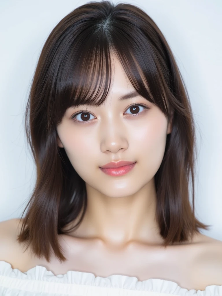 SeaArt Bot Variations 13:44:05 ((Masterpiece, Best Quality, High Definition)), 1 Girl, (Photorealistic: 1.4), Solo, White Background, Pure White Background, Mouth Closed, Happy Smile, Happy Smile, Pretty Black Hair, Short Hair, Big Eyes, Clear Double Eyelids, Eyelashes, Ears Out, Long Neck, Absolute Area, Skirt, ((Face Close-Up) ), (draw all head, shoulders), 19 years old, attractive proportions, shiny skin, clean collarbone, face in golden proportions, perfect face, tearful mole, mole on chest, bangs, clean bangs, lip gloss, thin lips, white skin, naked, big breasts