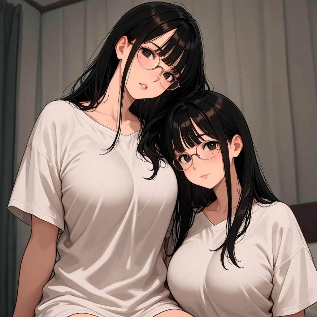 A beautiful junior high school student with straight long black hair and glasses who has a youthful body is changing clothes by herself.、An illustration of a woman in underwear changing her upper body wearing only a pale pink bra