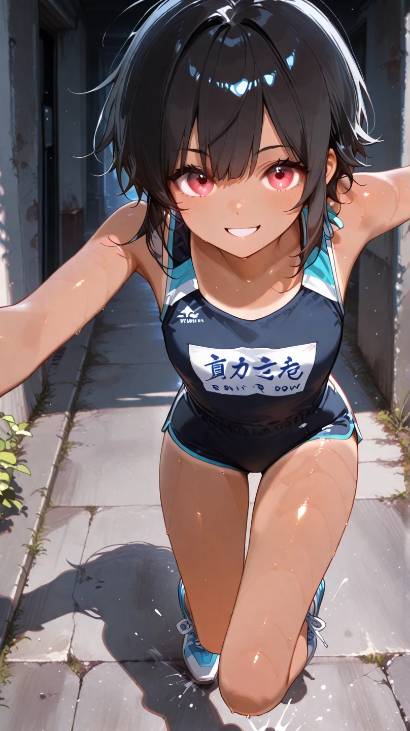masterpiece, Highest quality, High resolution, Very detailed,(((Nishino Flower))), (((School Swimsuit))), (((smile))), Bare legs