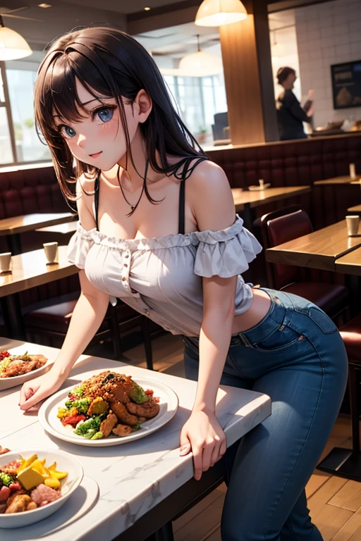 Girl eating tacos at a bar　Wear sneakers　High leg low rise shorts with suspenders　Large Breasts　Showing your belly button　　Knee-high socks　　No underwear　Belt on chest　There&#39;s a glass of tequila