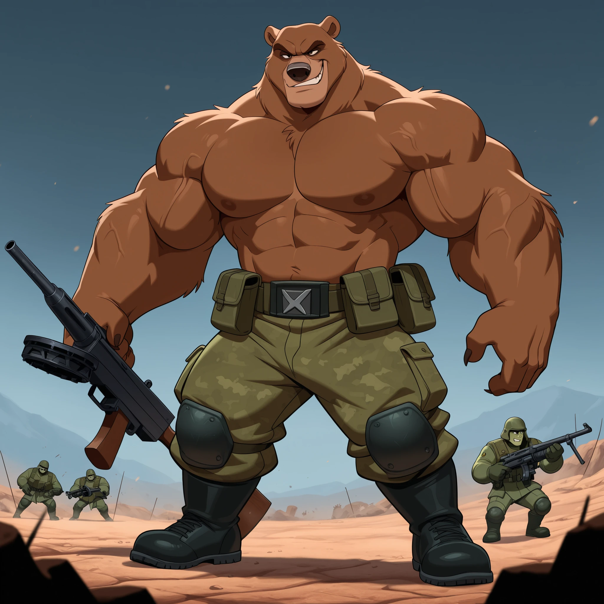 huge muscular Eurasian bear in a battlefield in Kharkiv Ukraine, big hulking soldier, grunting smirk, huge brown fur, thick arm, huge arm, (veiny muscular, pectoral, wide pectoral, thick arms), war zone of Kharkiv Ukraine, DISNEY ANIMATION, 8k, masterpiece, light brown cocoa eyebrows added, detailed eyes with pupils, (wearing green soldiers, black boots, shirtless, topless), holding a machine gun