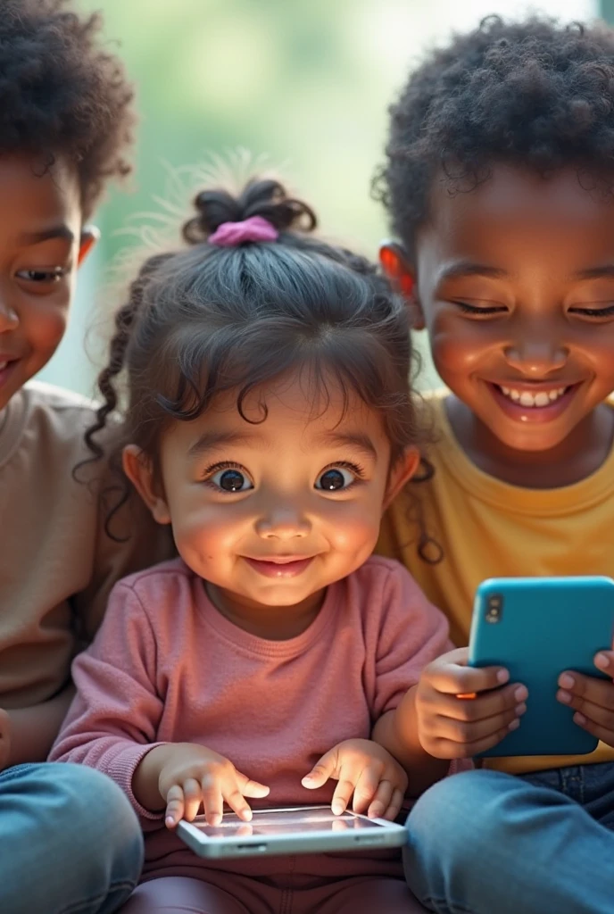 Generate me an image of some fourth grade students playing with an educational video game of language and literature cellulose as on phones