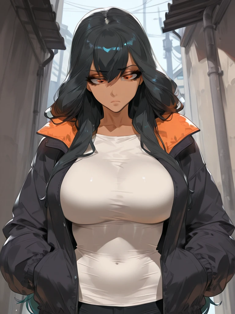 city, fog, (huge boobs), (huge hips), darkness woman black hair, black red hoodie mini dress, pantyhose, hood, gloves, fog, boom, ( lightning background), (((two arms crossed hoodie))),