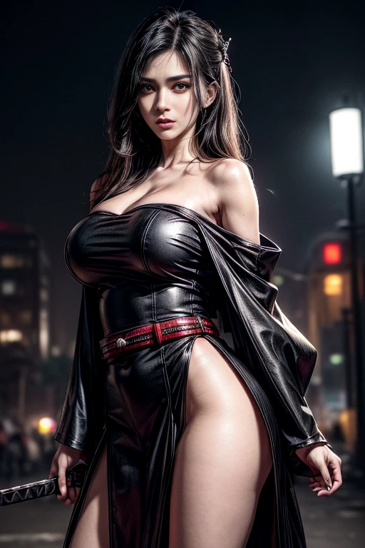 DisneyAurora, ((( Taylor Swift:Emma Stone:0.7))) Beautiful woman (((shoulder length wavy light brown hair, hair pulled back with bangs))) ((red and black cyberpunk style short sleeve futuristic forged steel armor loose flowing long dress)) defined body, Red lipstick, smiling, hands free, standing, high tech cyberpunk city rooftop, night, (huge_breasts:1.5)(chubby:1.3)