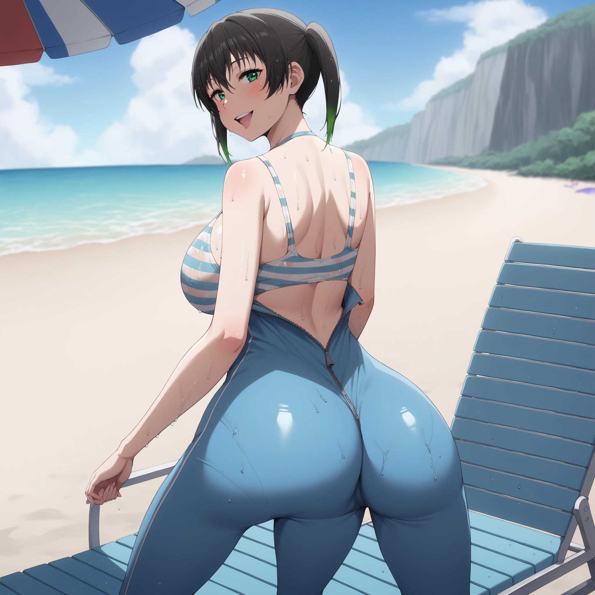 Chun-Li, 1 girl, ((bimbo))), perfect face, perfect eyes, looking at viewer, short hair, brown hair, puffy lips, thick lips, wide hips, thick thighs, craving lust face, mature mom, looking at viewer, brown eyes, facing away, looking back, ass focus, huge round ass, perfect ass, competition swimsuit, one-piece swimsuit, high cut swimsuit, outdoors, beach, view from below