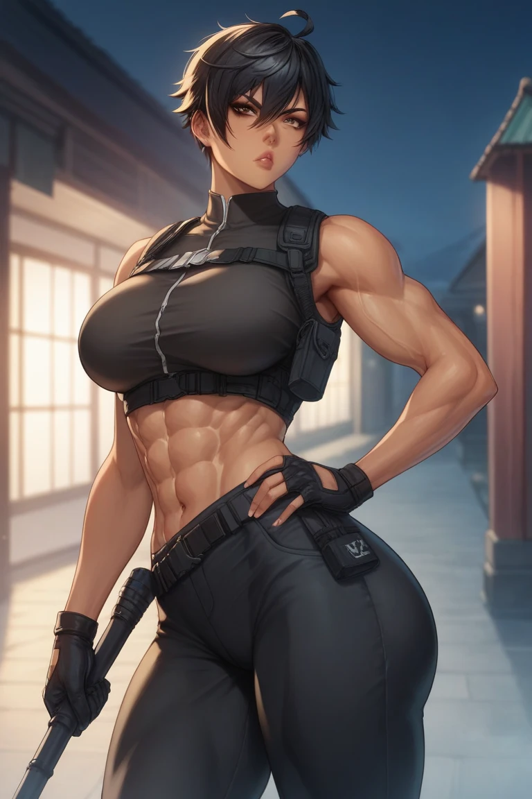 1 girl alone, alone, short hair, black hair, blue eyes, Anime girl with tattoos posing in a black outfit in a city, fitness outfit, exercise clothes, bikini, digital anime art, anime girl, female anime girl, anime art, muscular!, big oppai, Ilya Kuvshinov, badass anime 8k, anime art,