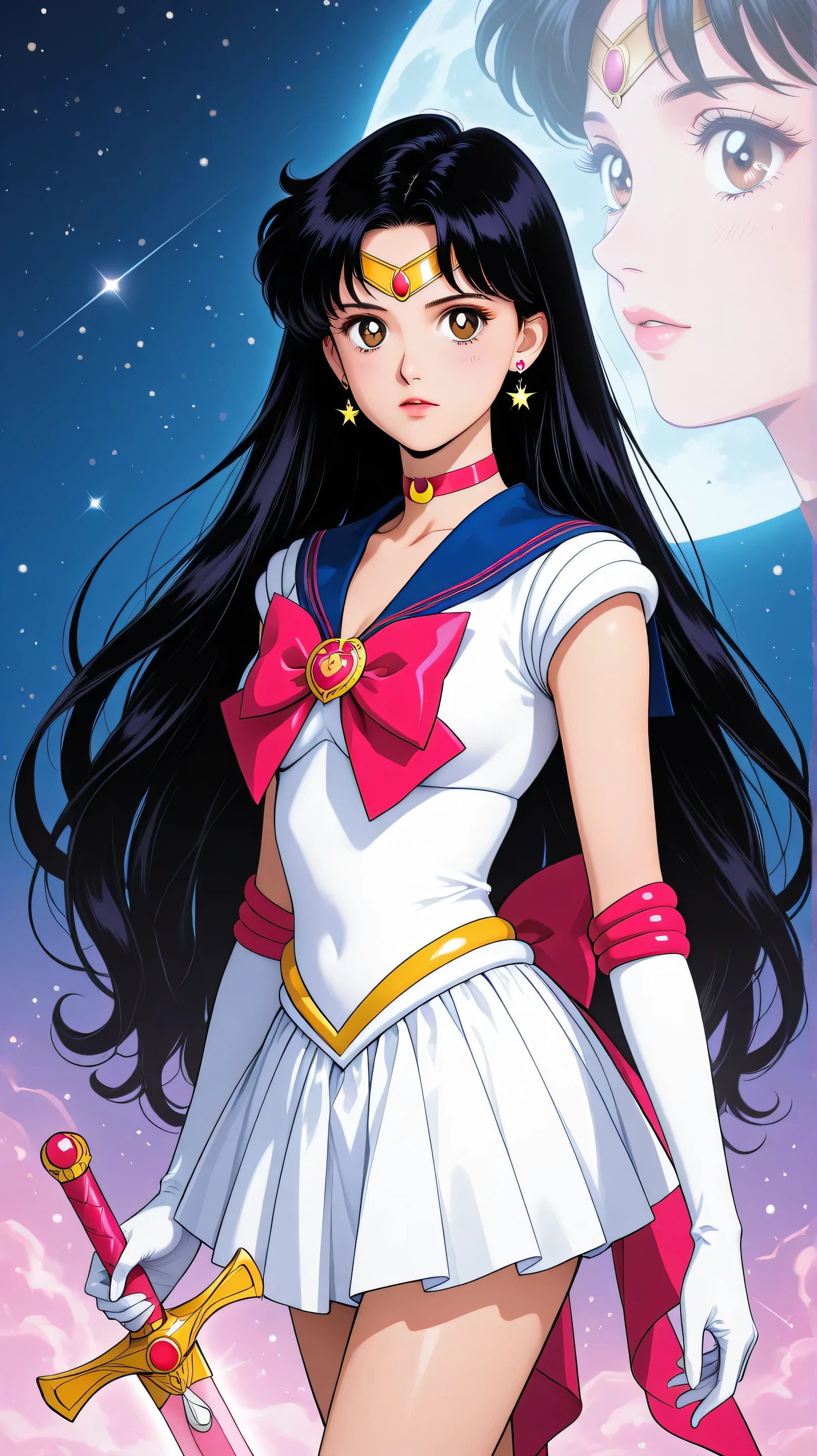 Beautiful black-haired girl with brown eyes and shoulder length hair, she wears a sailor moon costume, She has two luminous swords