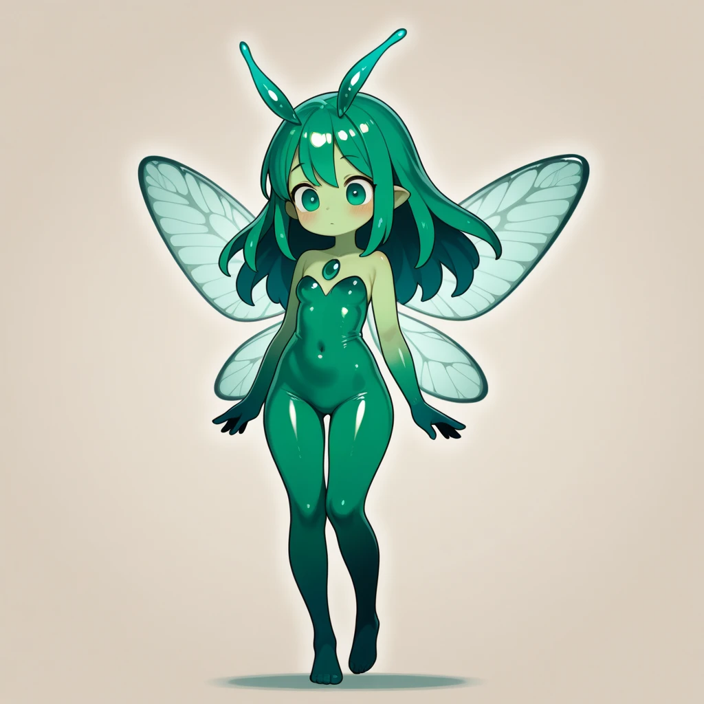 Fairy-tale environment, forest background, tree silhouette, shadowy forest, Prismatic coloration. Jungle like environment. multiple views Front view. Back view. A young woman with purple skin, lit up with heavy freckles & a set of B-cup breasts, bearing curvaceous hips, Slender Legs, & a round yet small ass standing in a wild forest. She has short, White curly hair with green highlights. She is wearing a cute grass bikini, made up of a grass bra along with a grass skirt. She has a serious face & a stern gaze in her sharp Starlike Violet Glowing eyes with black sclera & a heavy freckled form. She has Long sharp translucent Crystal  cyan deer Antlers & a set of elk like ears. She has a small cute nose. She has large golden Fairy-like wings with a & an obvious short fluffy wolf like tail with great detail. She is completely barefoot. She has a Glowing heart womb tattoo hidden by her skirt. She is standing in a battle ready position, summoning a burst of stardust from her fingers. Detailed wings