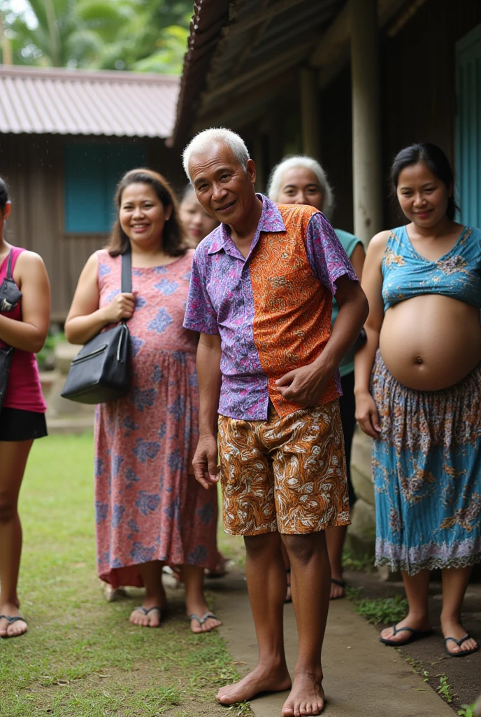 realistic image...a 25 year old Indonesian man wearing a torn white shirt with the words "beuki nenen" wearing dirty shorts while holding an eggplant with a scared face and a dirty face running after 3 beautiful pregnant women in a muddy rice field. Banana tree plantation in the background. ultra hd 16k