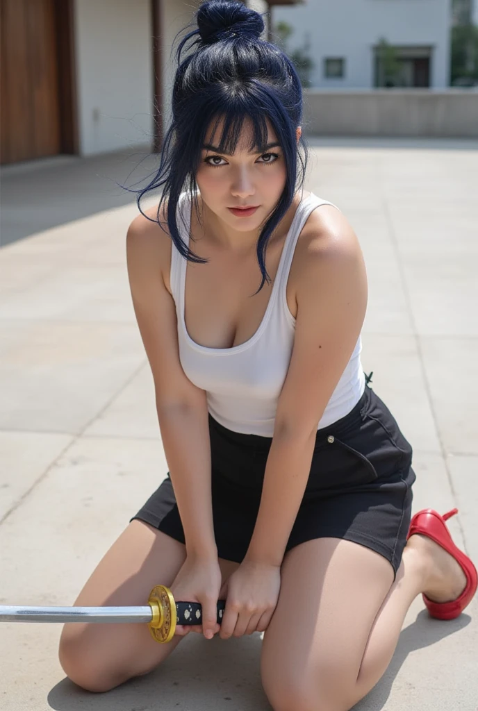 xenovia quarta, playboy playmate, very_extremely_large_breasts, yellow eyes, blue hair, short hair, between buttocks, street, short shirt with cleavage and short skirt