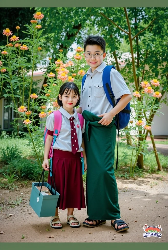 2 Indonesian children consisting of a boy wearing glasses and a girl, they wore Indonesian school uniforms with white uniforms, red ties and red bottoms, wearing backpacks, riding bicycles in the yard of the elementary school, photo, fashion