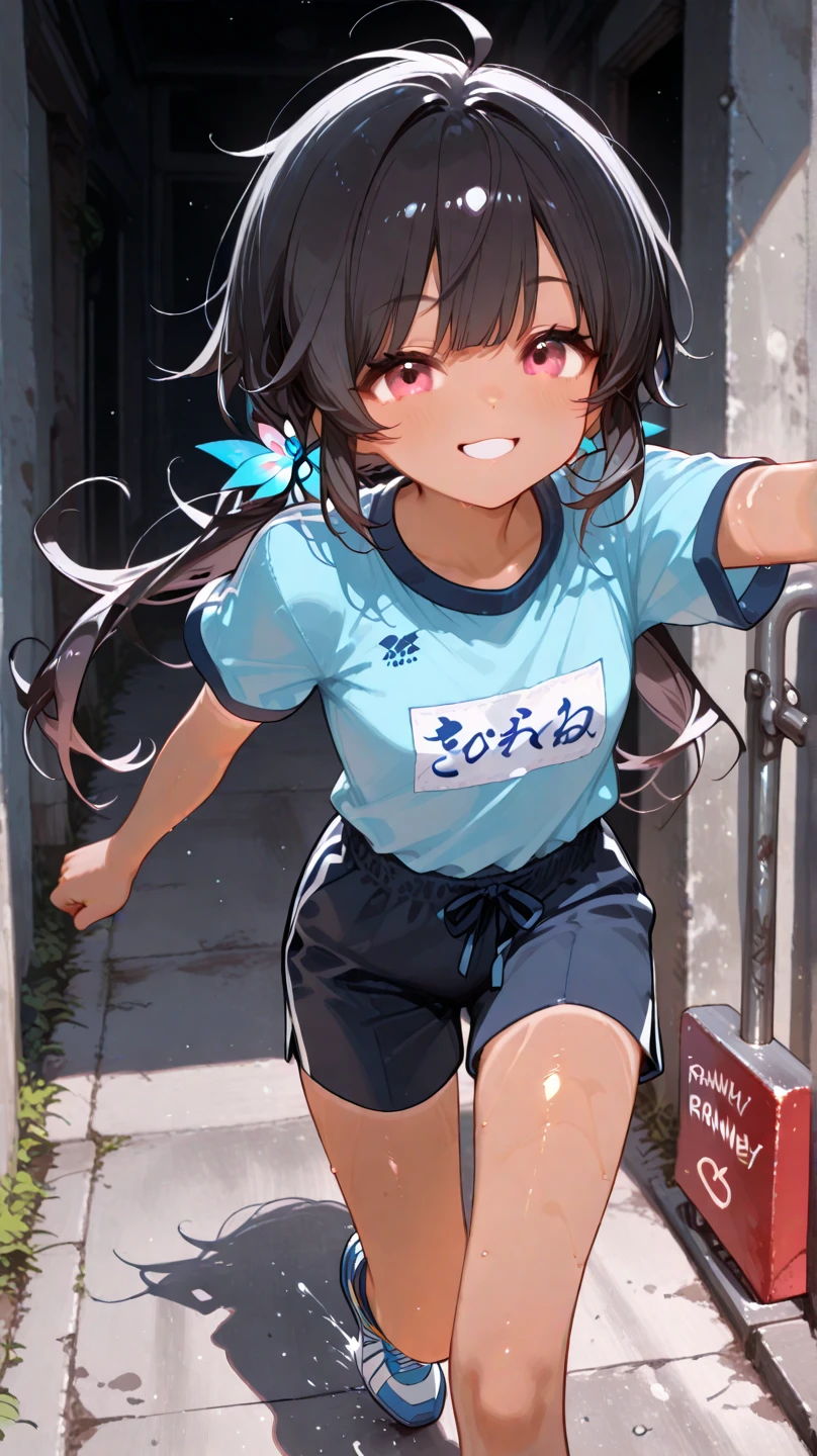 ((masutepiece)), ((Best Quality)), (Ultra-detailed), ((kawaii)), Cute, (lovely), ((Sexy)), (Ero), ((Extremely detailed)), 4K, (8K), Best Quality, (Beautiful), Illustration, Anime style, Painting, Dynamic Angle, Cowboy Shot, from wildcard,Drama-style playground, Plank, Gradation, full body focus, Cute little girl s, 1girl in, Solo, Gym Shorts 00, Shorts that stick out the buttocks, Beautiful black hair, Beautiful random colored eyes, ((Beautiful eyes)), White-skinned, Random hairstyle, Buttocks, (Colossal tits), (Ashamed), Troubled expression, (red blush:1.5), Sweat, sparkling effect, Lens Flare,shiny-glistening, gleaming